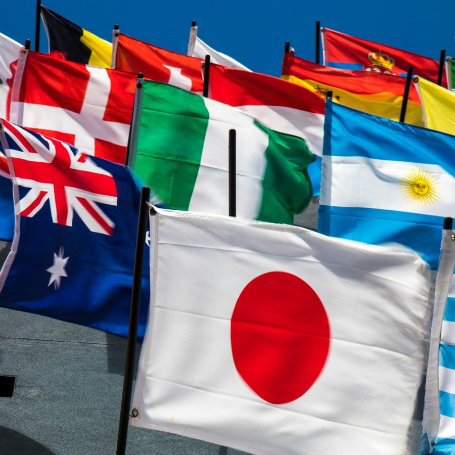 a group of flags flying in the wind